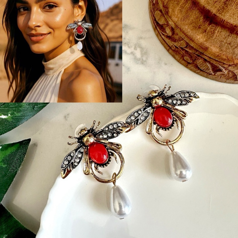 2/$30🌵 Bejeweled Bee Red Gold Pearl Drop Earrings Rhinestone Bumble Bee NEW